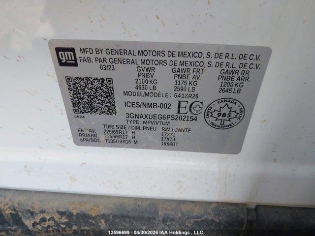 Aukcja sprzedaży 2023 Chevrolet Equinox Lt, vin: 3GNAXUEG6PS202154, numer aukcji: 12596699