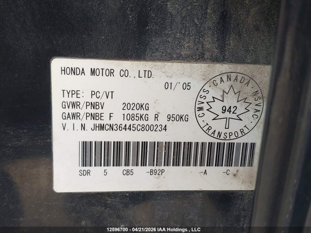 Продажа на аукционе авто 2005 Honda Accord, vin: JHMCN36445C800234, номер лота: 12596700