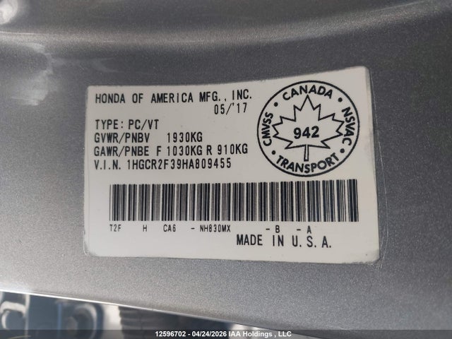 Продажа на аукционе авто 2017 Honda Accord Lx, vin: 1HGCR2F39HA809455, номер лота: 12596702