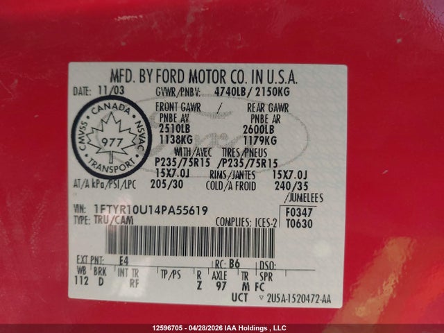 12596705 :رقم المزاد ، 1FTYR10U14PA55619 vin ، 2004 Ford Ranger Edge/xl/xlt مزاد بيع