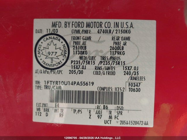 12596705 :رقم المزاد ، 1FTYR10U14PA55619 vin ، 2004 Ford Ranger Edge/xl/xlt مزاد بيع