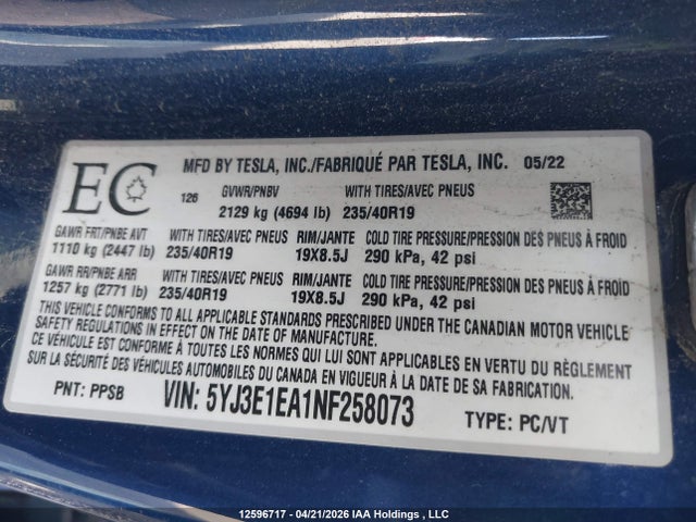 Tesla MODEL 3 2022 5YJ3E1EA1NF258073 Image 15