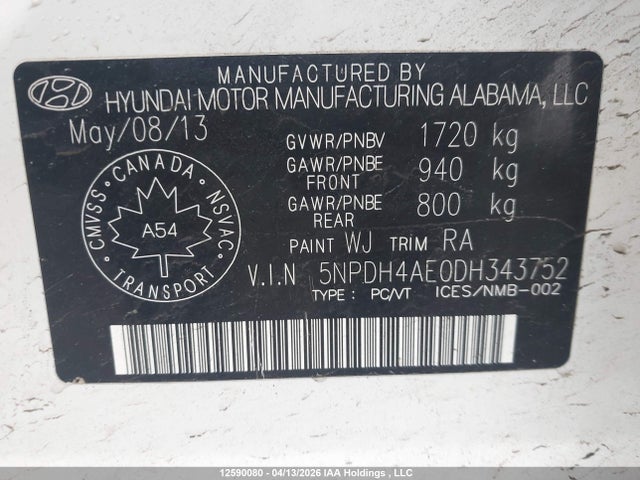 12590080 :رقم المزاد ، 5NPDH4AE0DH343752 vin ، 2013 Hyundai Elantra Gl مزاد بيع