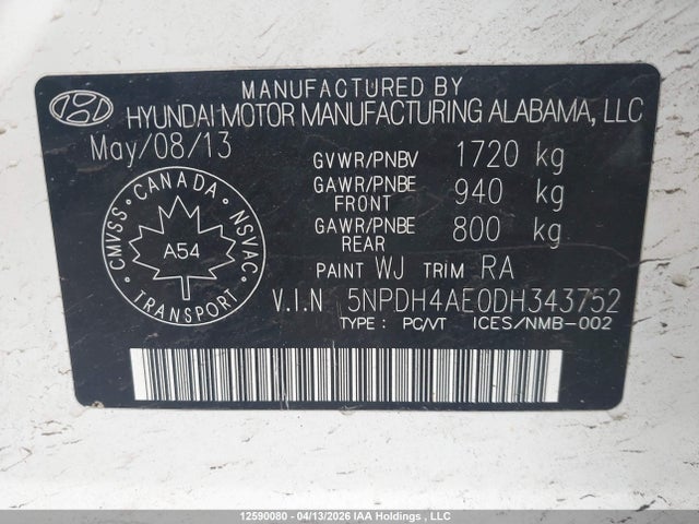 12590080 :رقم المزاد ، 5NPDH4AE0DH343752 vin ، 2013 Hyundai Elantra Gl مزاد بيع