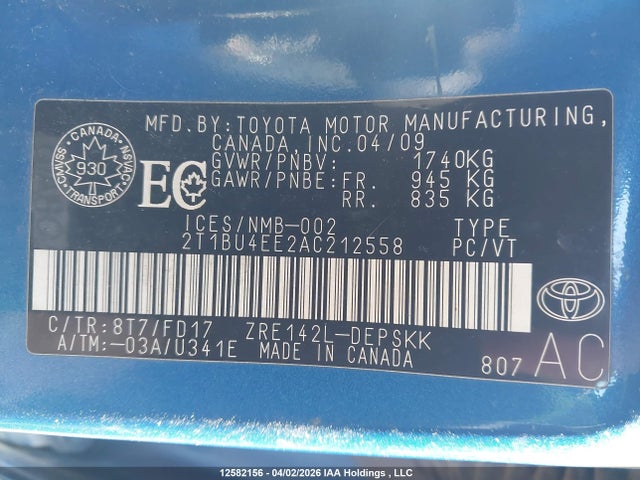 2010 Toyota Corolla S მანქანა იყიდება აუქციონზე, vin: 2T1BU4EE2AC212558, აუქციონის ნომერი: 12582156