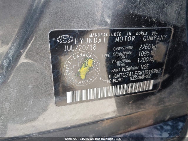 12596720 :رقم المزاد ، KMTG74LE6KU018962 vin ، 2019 Genesis G70 Elite مزاد بيع