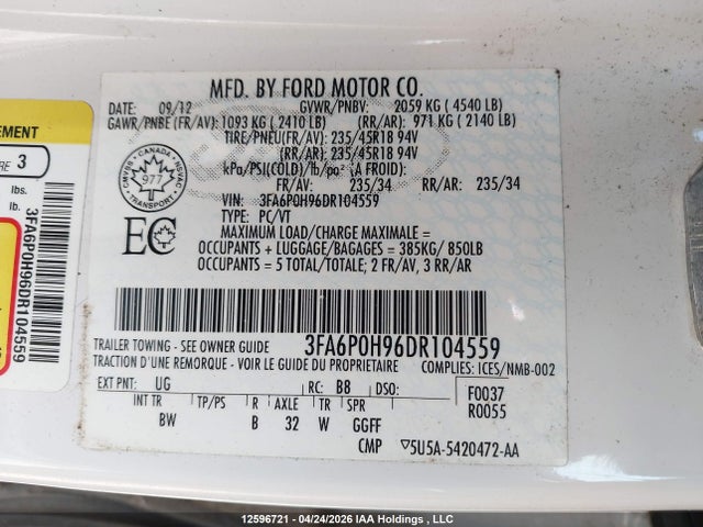 12596721 :رقم المزاد ، 3FA6P0H96DR104559 vin ، 2013 Ford Fusion مزاد بيع