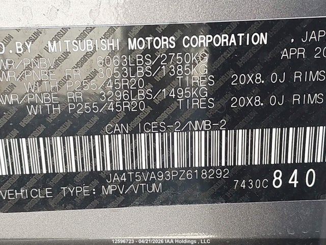 JA4T5VA93PZ618292 Mitsubishi Outlander Sel/40th Anniversary/sel Touring/sel Premium