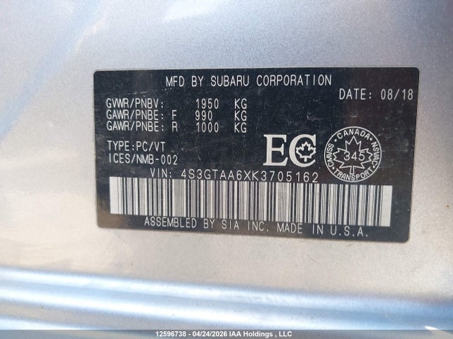 12596738 :رقم المزاد ، 4S3GTAA6XK3705162 vin ، 2019 Subaru Impreza Convenience مزاد بيع