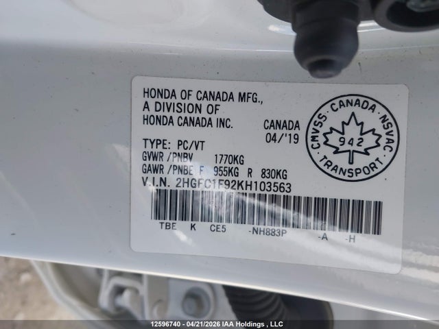 Aukcja sprzedaży 2019 Honda Civic Touring, vin: 2HGFC1F92KH103563, numer aukcji: 12596740