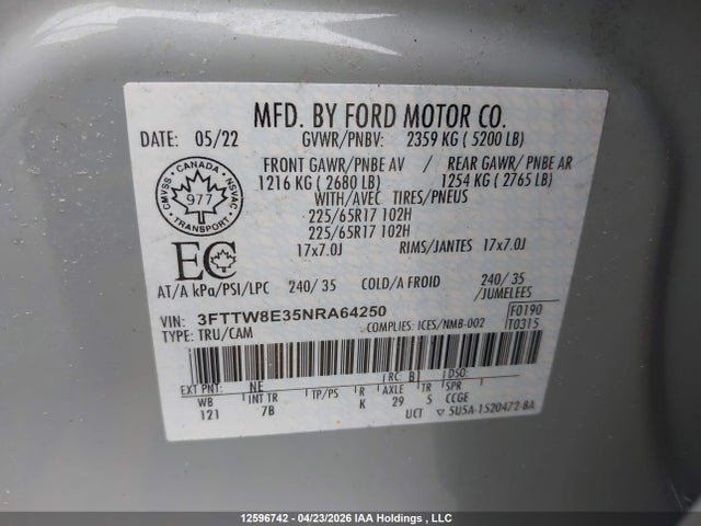3FTTW8E35NRA64250 Ford Maverick Xlt