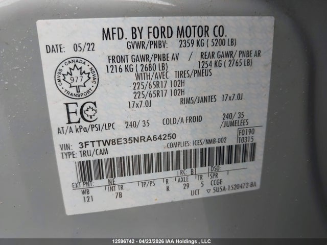 3FTTW8E35NRA64250 Ford Maverick Xlt