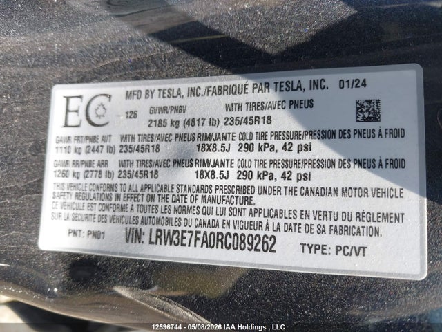 2024 Tesla Model 3 Rwd მანქანა იყიდება აუქციონზე, vin: LRW3E7FA0RC089262, აუქციონის ნომერი: 12596744