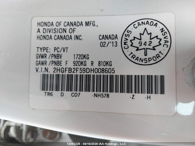Aukcja sprzedaży 2013 Honda Civic Ex, vin: 2HGFB2F59DH008605, numer aukcji: 12592326