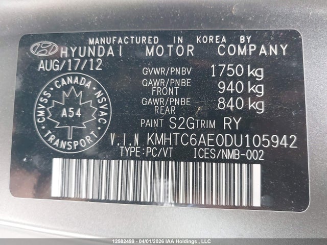 Auction sale of the 2013 Hyundai Veloster Turbo, vin: KMHTC6AE0DU105942, lot number: 12582499