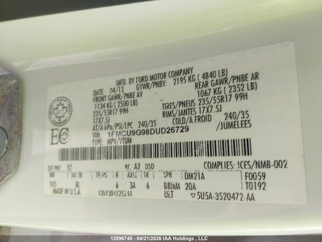 Продажа на аукционе авто 2013 Ford Escape Se, vin: 1FMCU9G98DUD26729, номер лота: 12596748