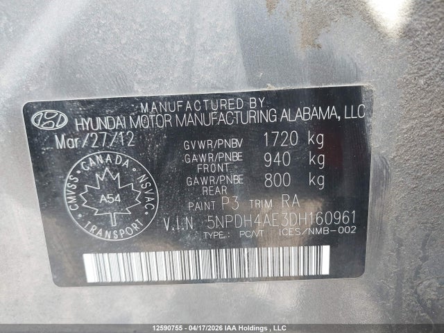 Aukcja sprzedaży 2013 Hyundai Elantra Gls, vin: 5NPDH4AE3DH160961, numer aukcji: 12590755