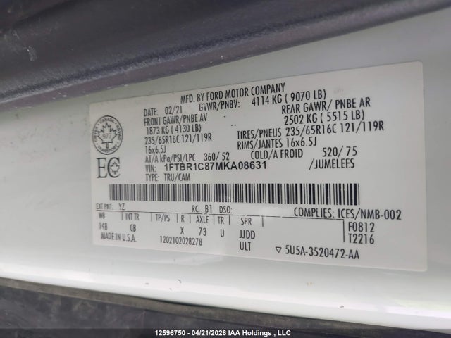 Продажа на аукционе авто 2021 Ford Transit T-250, vin: 1FTBR1C87MKA08631, номер лота: 12596750