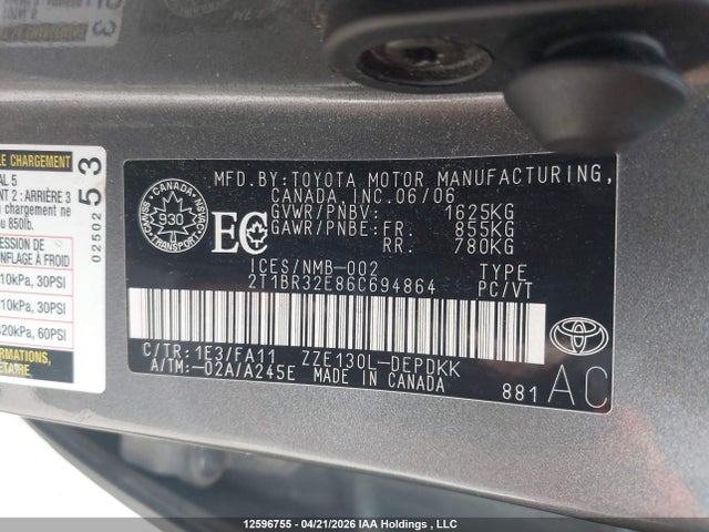 12596755 :رقم المزاد ، 2T1BR32E86C694864 vin ، 2006 Toyota Corolla Ce/le/sport مزاد بيع