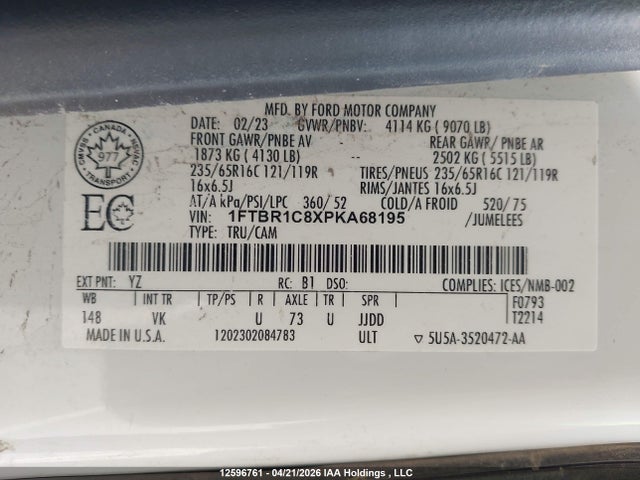 2023 Ford Transit T-250 მანქანა იყიდება აუქციონზე, vin: 1FTBR1C8XPKA68195, აუქციონის ნომერი: 12596761