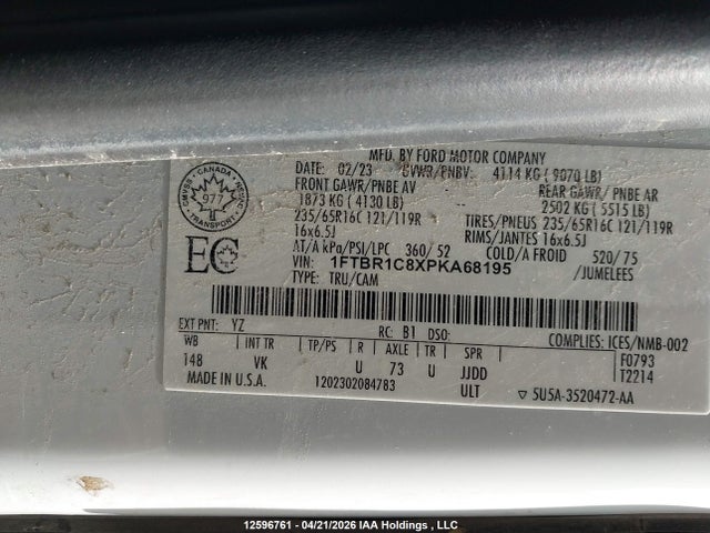 2023 Ford Transit T-250 მანქანა იყიდება აუქციონზე, vin: 1FTBR1C8XPKA68195, აუქციონის ნომერი: 12596761