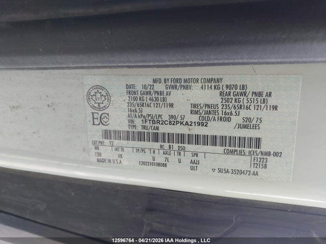 Продаж на аукціоні авто 2023 Ford Transit T-250, vin: 1FTBR2C82PKA21992, номер лоту: 12596764