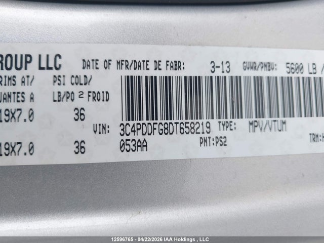12596765 :رقم المزاد ، 3C4PDDFG8DT658219 vin ، 2013 Dodge Journey R/t مزاد بيع