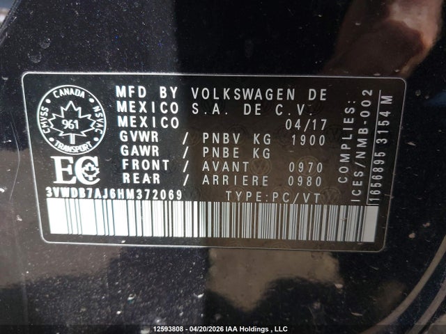 Aukcja sprzedaży 2017 Volkswagen Jetta Wolfsburg Edition, vin: 3VWDB7AJ6HM372069, numer aukcji: 12593808