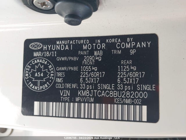 12596785 :رقم المزاد ، KM8JTCAC8BU282000 vin ، 2011 Hyundai Tucson Gl مزاد بيع