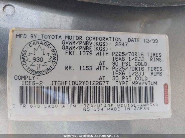 Aukcja sprzedaży 2000 Lexus Rx 300 300, vin: JT6HF10U2Y0122677, numer aukcji: 12596786