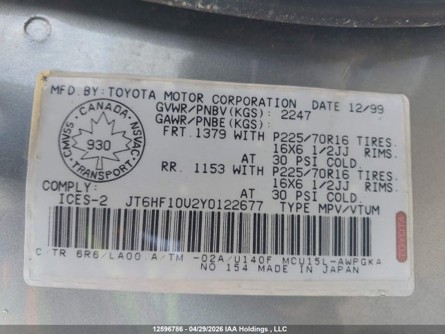 Aukcja sprzedaży 2000 Lexus Rx 300 300, vin: JT6HF10U2Y0122677, numer aukcji: 12596786