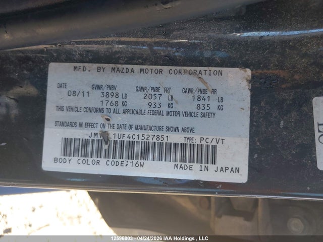 Aukcja sprzedaży 2012 Mazda 3 I, vin: JM1BL1UF4C1527851, numer aukcji: 12596803