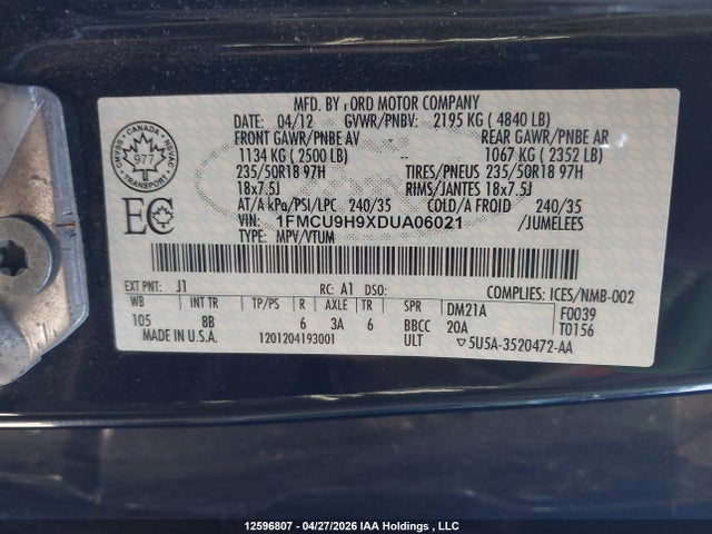 12596807 :رقم المزاد ، 1FMCU9H9XDUA06021 vin ، 2013 Ford Escape Sel مزاد بيع