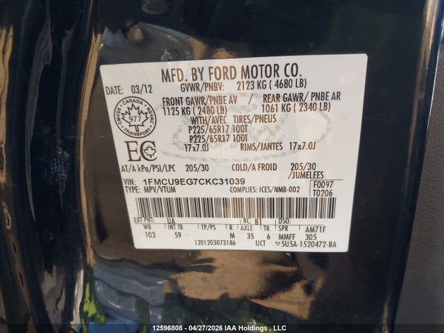 Продажа на аукционе авто 2012 Ford Escape, vin: 1FMCU9EG7CKC31039, номер лота: 12596808
