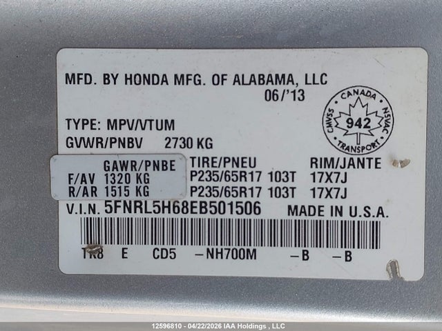 Aukcja sprzedaży 2014 Honda Odyssey Exl, vin: 5FNRL5H68EB501506, numer aukcji: 12596810