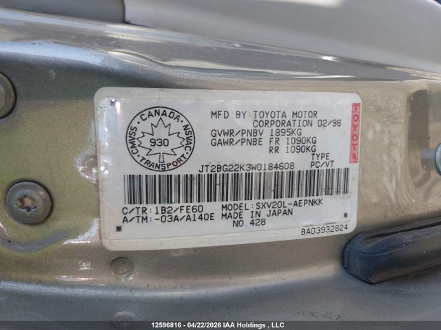 Продаж на аукціоні авто 1998 Toyota Camry Ce/le/xle, vin: JT2BG22K3W0184608, номер лоту: 12596816