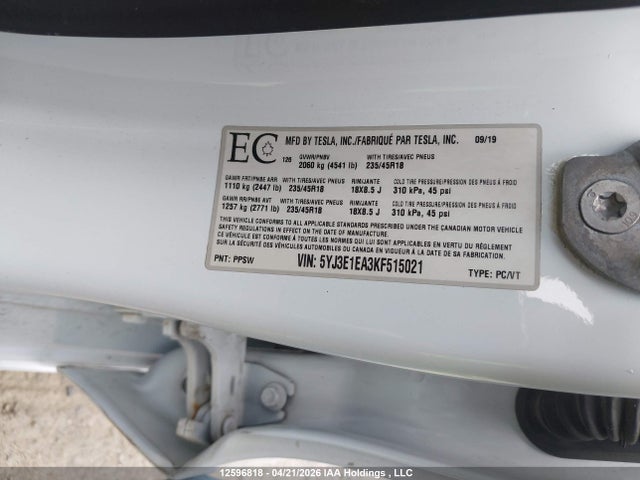 Auction sale of the 2019 Tesla Model 3 Long Range/mid Range/standard Range/standard Range Plus, vin: 5YJ3E1EA3KF515021, lot number: 12596818