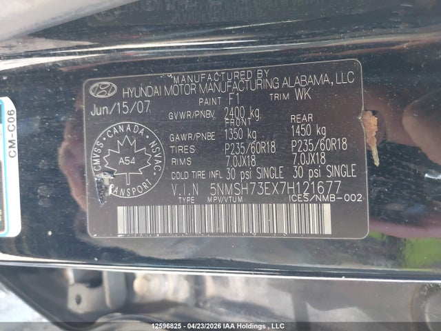 Продаж на аукціоні авто 2007 Hyundai Santa Fe, vin: 5NMSH73EX7H121677, номер лоту: 12596825
