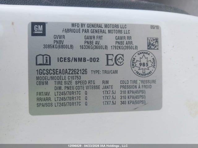 2010 Chevrolet Silverado მანქანა იყიდება აუქციონზე, vin: 1GCSCSEA0AZ262126, აუქციონის ნომერი: 12596829
