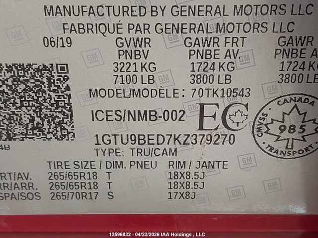 Продажа на аукционе авто 2019 Gmc Sierra K1500 Sle, vin: 1GTU9BED7KZ379270, номер лота: 12596832