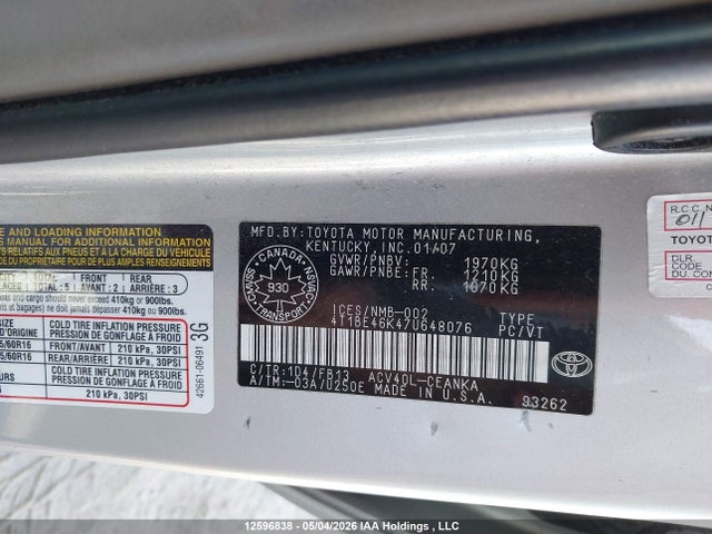 Продаж на аукціоні авто 2007 Toyota Camry Ce/le/xle/se, vin: 4T1BE46K47U648076, номер лоту: 12596838