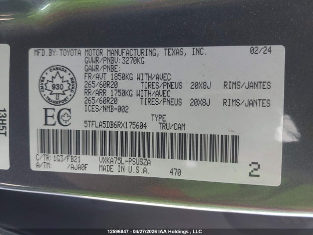 Продажа на аукционе авто 2024 Toyota Tundra Crewmax Sr/crewmax Sr5, vin: 5TFLA5DB6RX175604, номер лота: 12596847