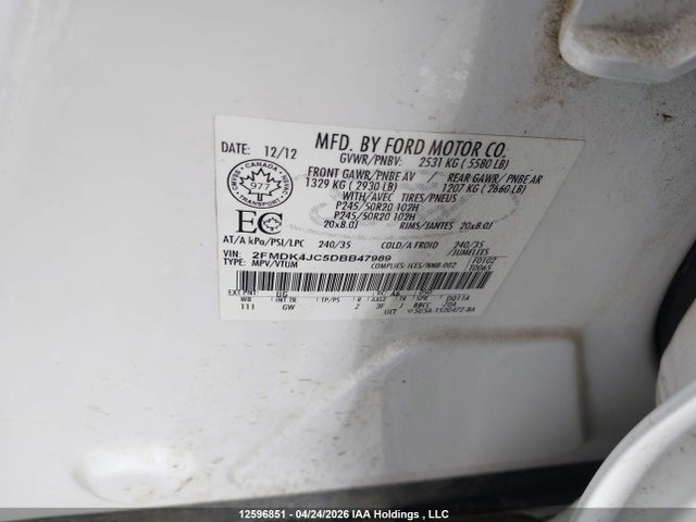 12596851 :رقم المزاد ، 2FMDK4JC5DBB47989 vin ، 2013 Ford Edge Sel مزاد بيع