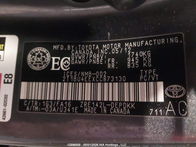 2012 Toyota Corolla S/le მანქანა იყიდება აუქციონზე, vin: 2T1BU4EEXCC873130, აუქციონის ნომერი: 12596858