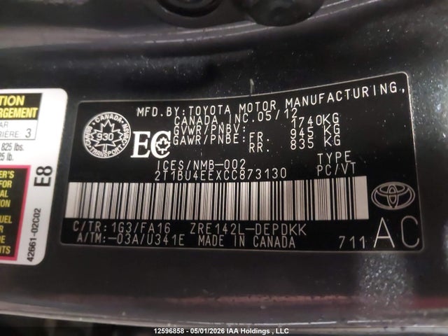 2012 Toyota Corolla S/le მანქანა იყიდება აუქციონზე, vin: 2T1BU4EEXCC873130, აუქციონის ნომერი: 12596858