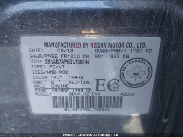 Продаж на аукціоні авто 2013 Nissan Sentra 1.8 S/1.8 Sv, vin: 3N1AB7AP5DL738844, номер лоту: 12596875