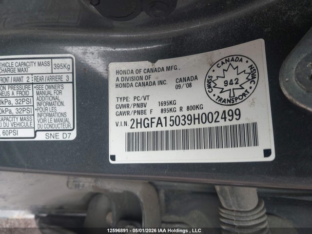 Продажа на аукционе авто 2009 Honda Civic Ex-l, vin: 2HGFA15039H002499, номер лота: 12596891