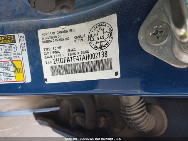 12596894 :رقم المزاد ، 2HGFA1F47AH002138 vin ، 2010 Honda Civic Dx-g مزاد بيع