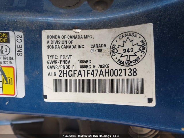 12596894 :رقم المزاد ، 2HGFA1F47AH002138 vin ، 2010 Honda Civic Dx-g مزاد بيع