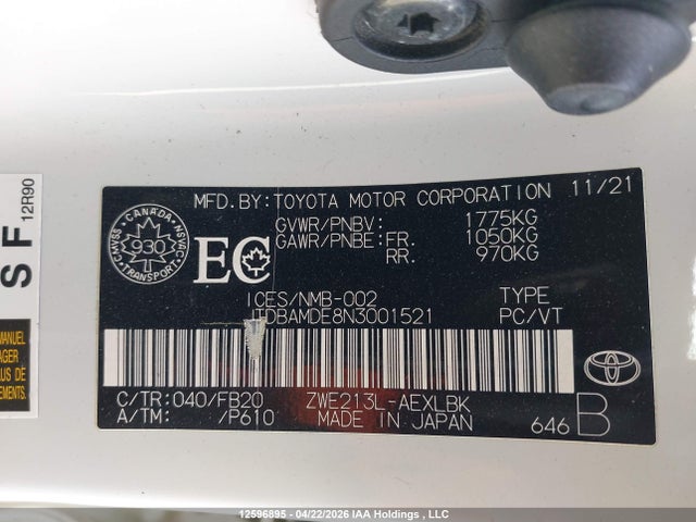 JTDBAMDE8N3001521 Toyota Corolla Hybrid Base W/li Battery